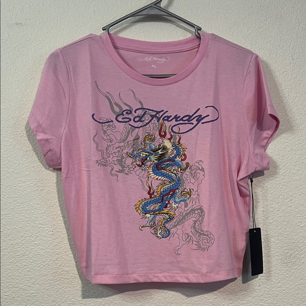 Ed Hardy Pink Tee with Blue Dragon Design